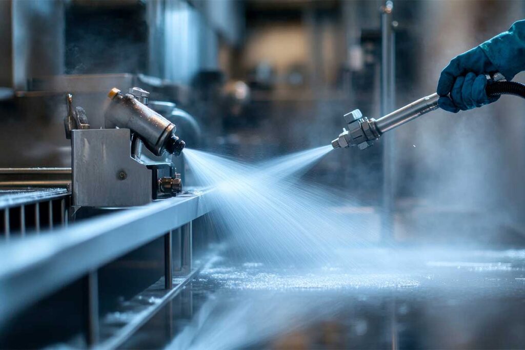 Limpieza de maquinaria industrial con salmuera 26% para evitar incrustaciones.