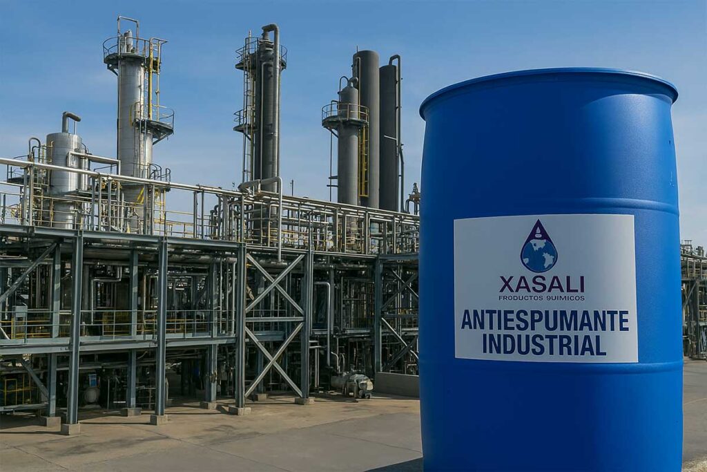 Planta industrial aplicando antiespumante en sistema de tratamiento.