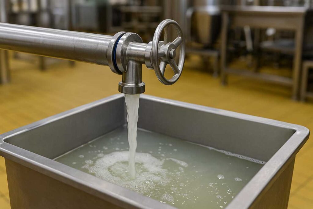 Tubería industrial conectada aplicando salmuera alimenticia sobre alimentos