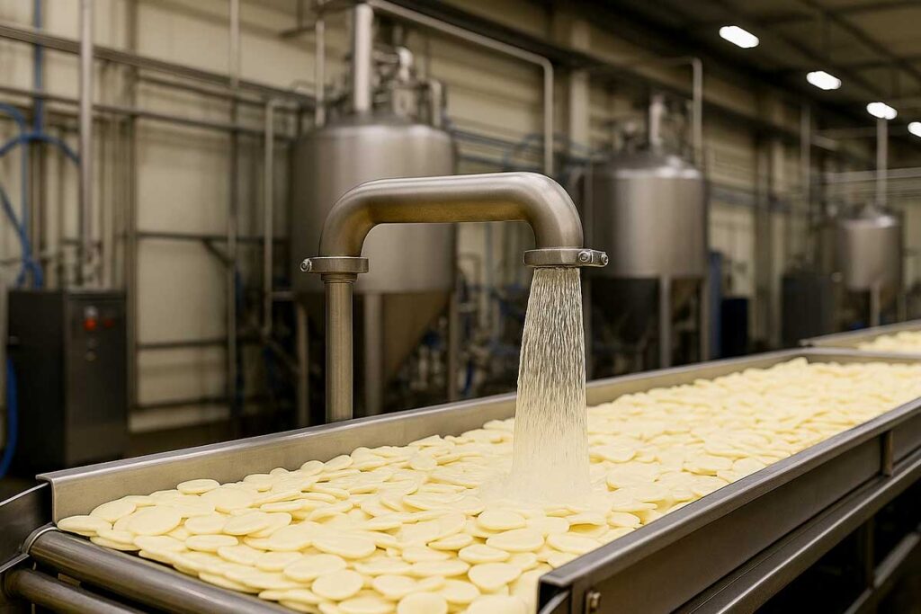 Aplicación de salmuera grado alimenticio sobre papas en línea de procesamiento industrial.