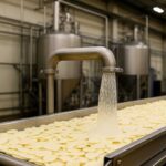 Aplicación de salmuera grado alimenticio sobre papas en línea de procesamiento industrial.