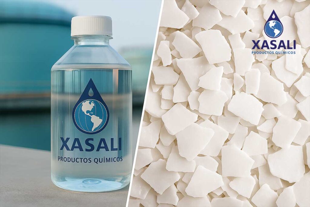 Comparación entre sosa cáustica líquida al 50% y sosa cáustica en escamas en un laboratorio industrial.