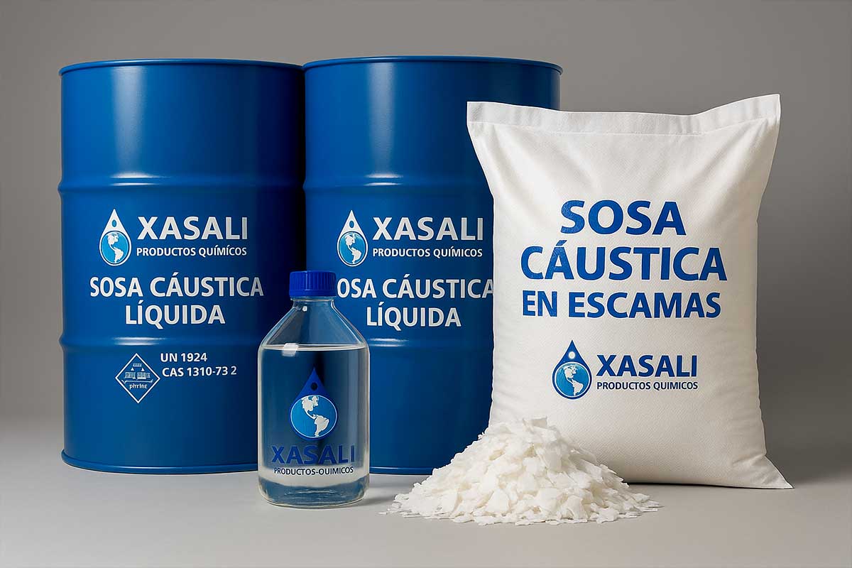 Comparación visual entre sosa cáustica líquida y en escamas en contexto industrial.