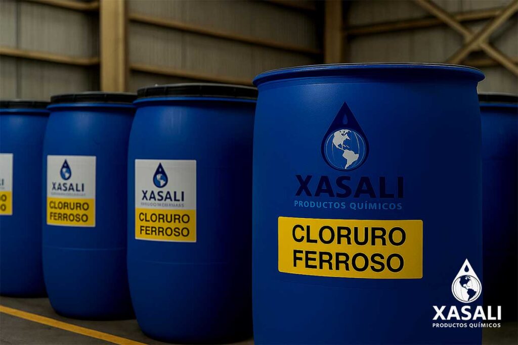 Presentación comercial de cloruro ferroso líquido en tambores industriales.