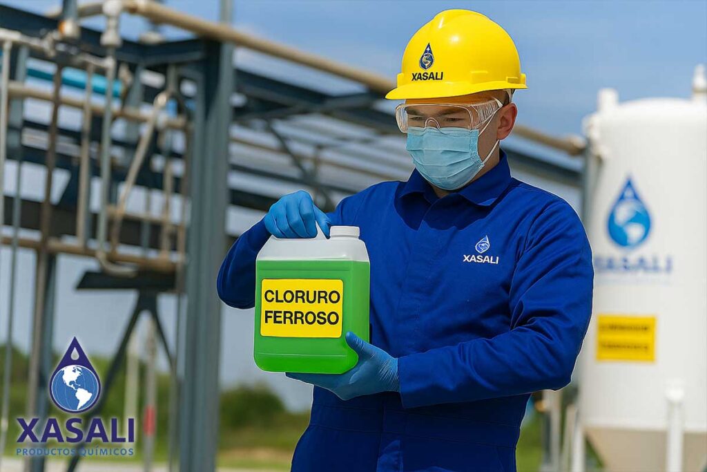 Operador usando protección personal al manejar cloruro ferroso líquido.