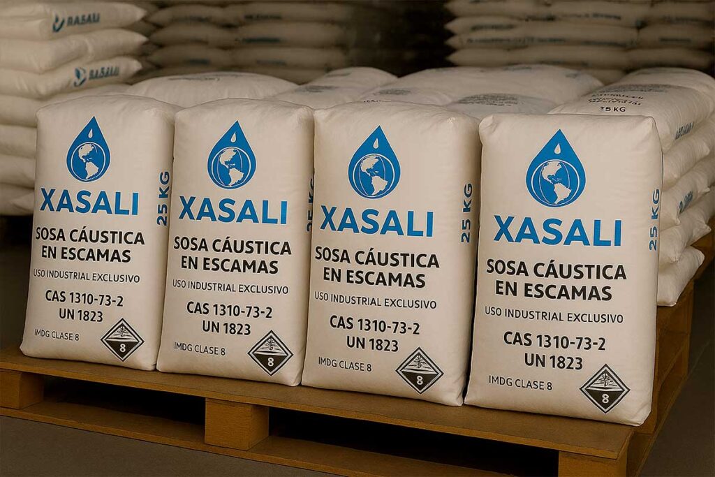 Sosa cáustica en escamas en sacos industriales listos para distribución.