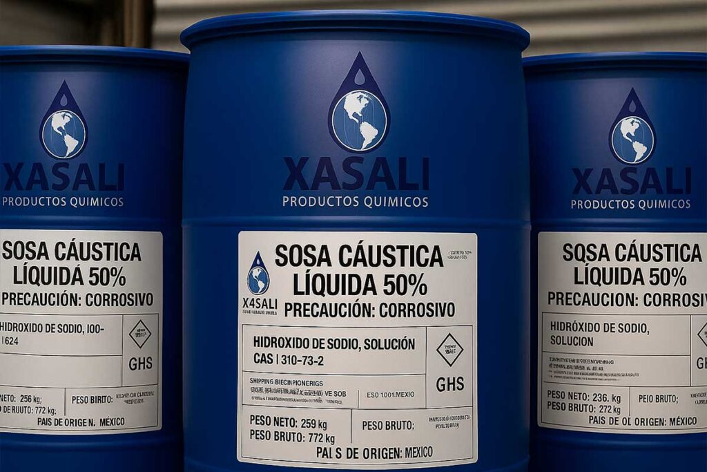 Tambos industriales azules etiquetados con sosa cáustica líquida al 50% para venta industrial.