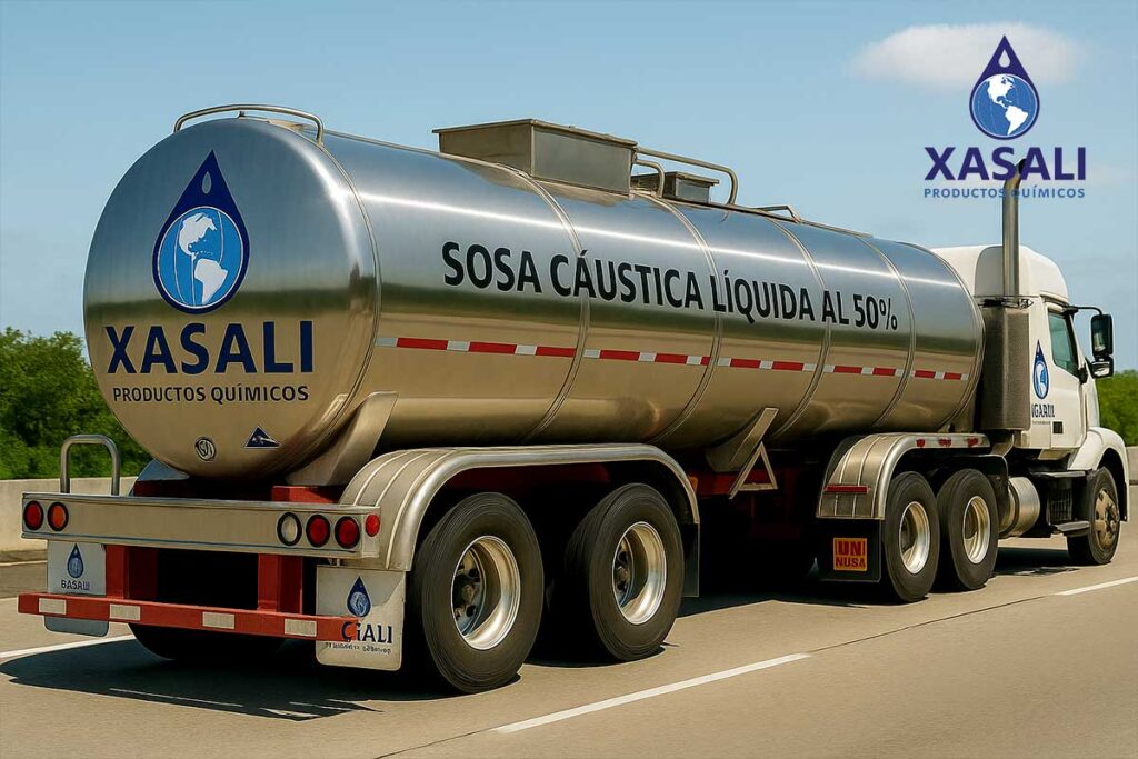 Transporte seguro de sosa cáustica líquida al 50% en camión cisterna industrial.