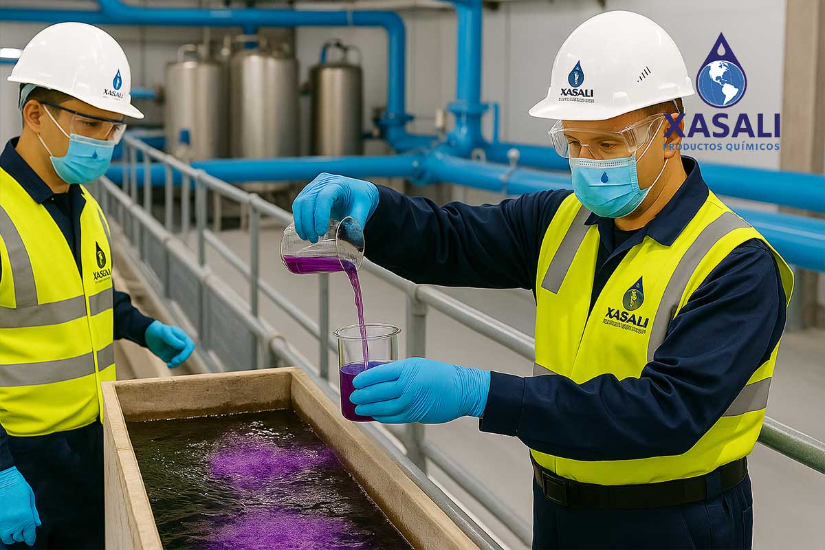 Técnicos aplicando permanganato de potasio industrial en una planta de tratamiento de agua