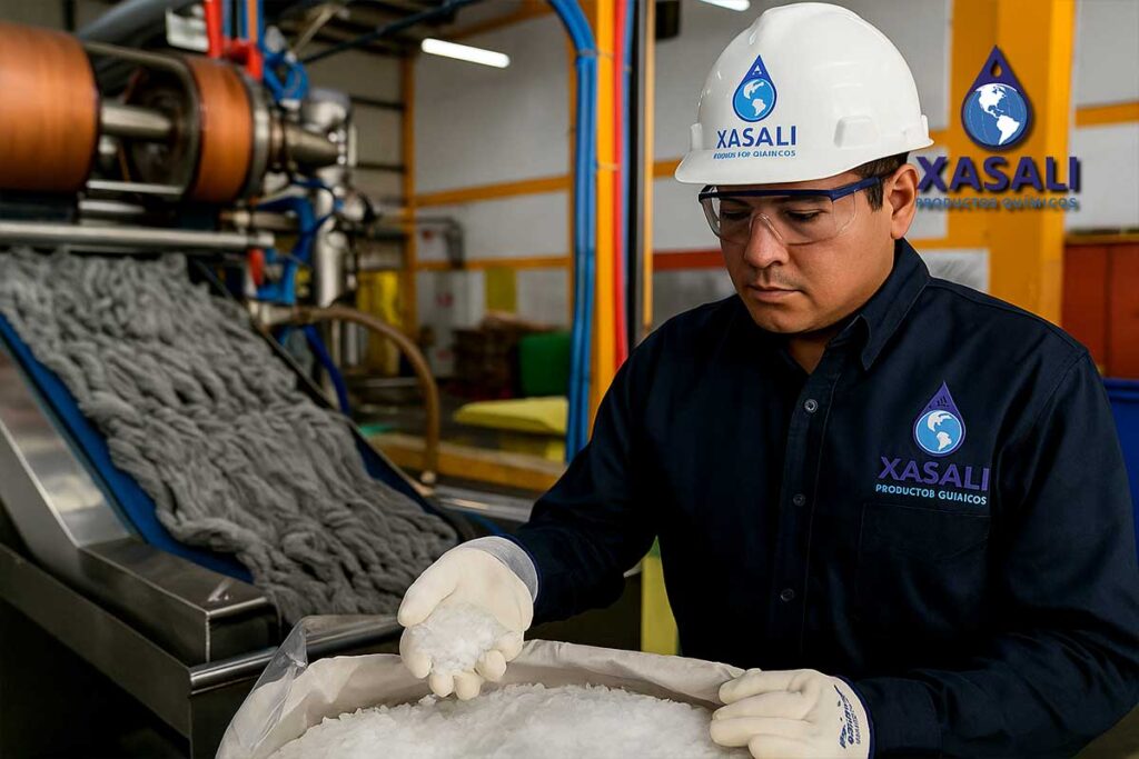 Sosa cáustica en escamas en procesos de la industria textil mexicana.