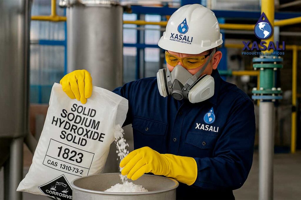 Manipulación segura de sosa cáustica en escamas en la industria.
