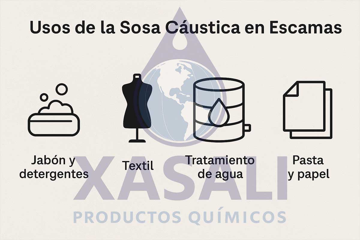 Usos de la Sosa Cáustica en Escamas Los principales sectores donde se utiliza la sosa cáustica en escamas.