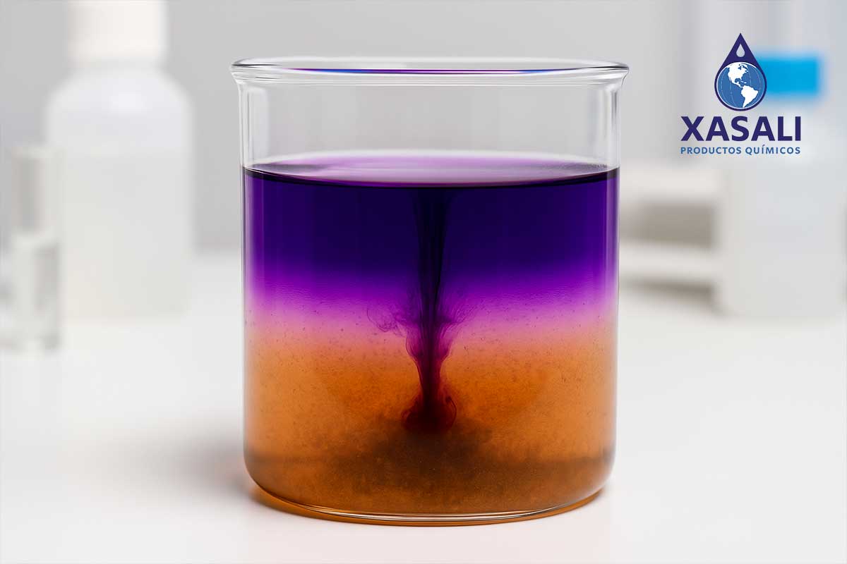 Reacción visible del permanganato de potasio al oxidar contaminantes en agua.