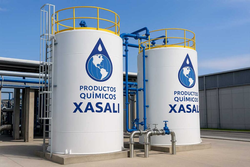 Tanques industriales con permanganato de potasio industrial y logotipo de Productos Químicos Xasali.