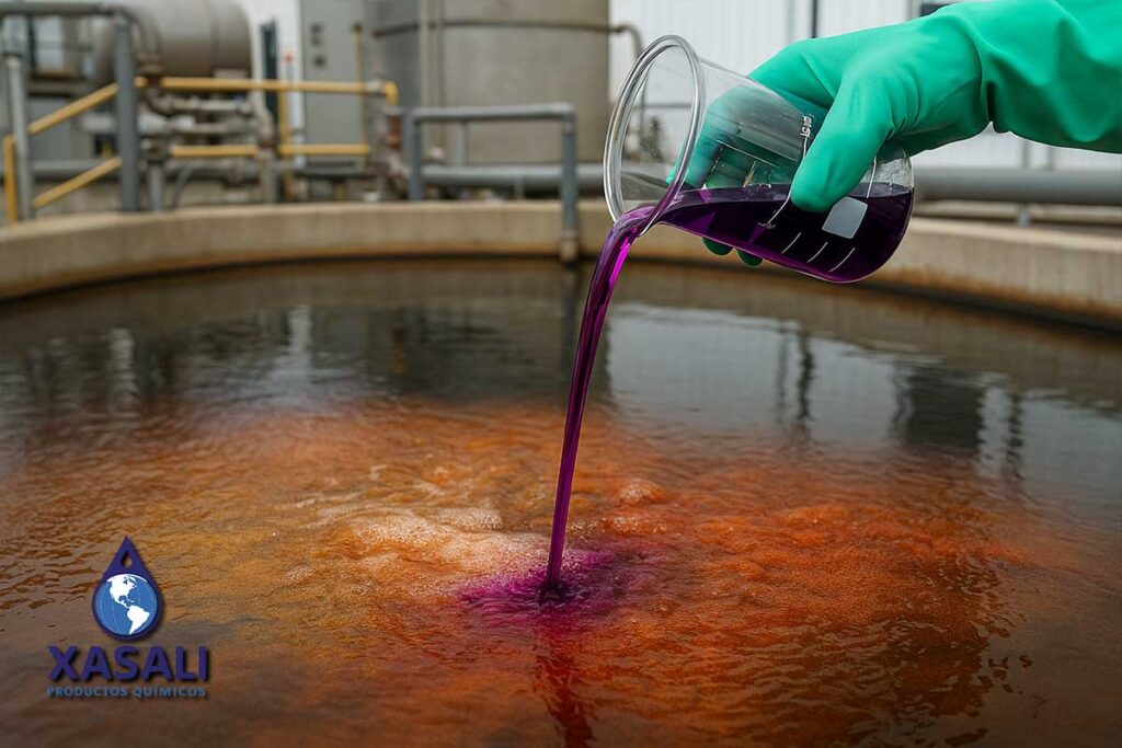 Aplicación de permanganato de potasio industrial para oxidar contaminantes en agua potable.