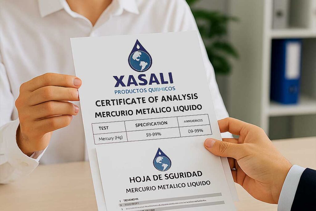 Ejecutivo entregando cotización de mercurio metálico líquido 99.99% con COA y HDS.