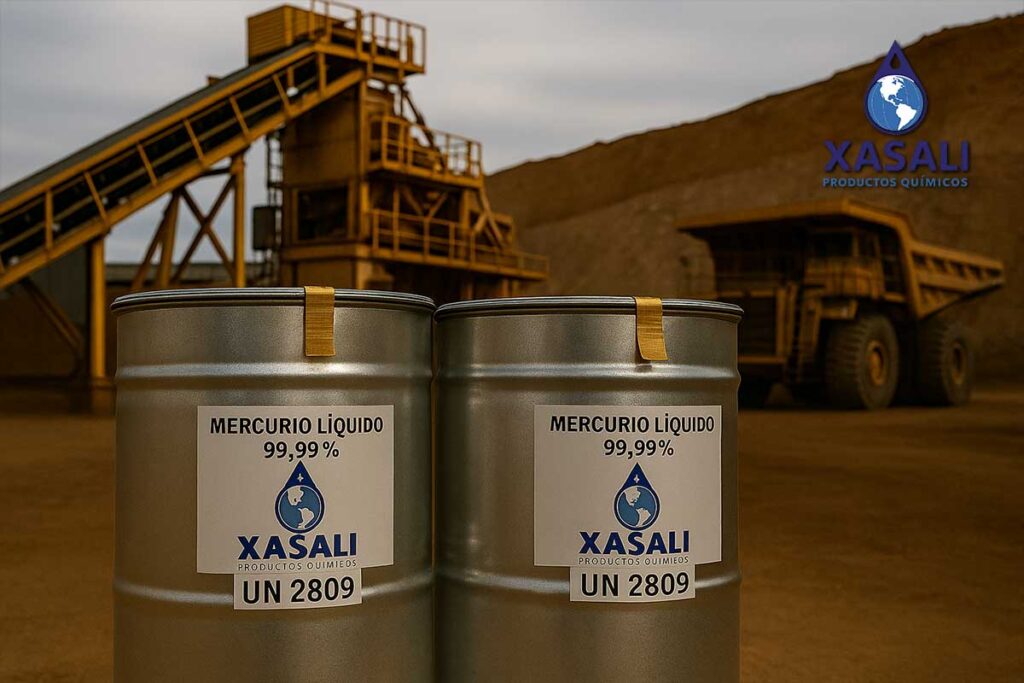 Mercurio metálico líquido 99.99% en tambores industriales con etiqueta UN 2809 y logo Xasali.