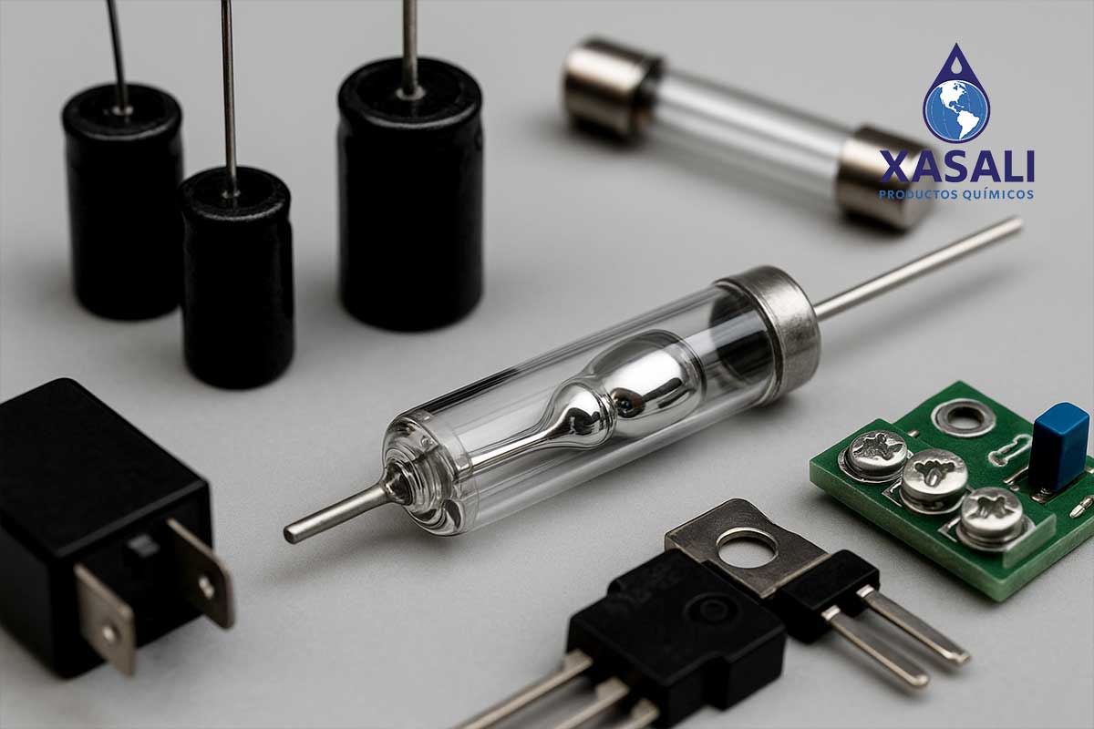 Mercurio líquido para aplicaciones eléctricas y electrónicas.