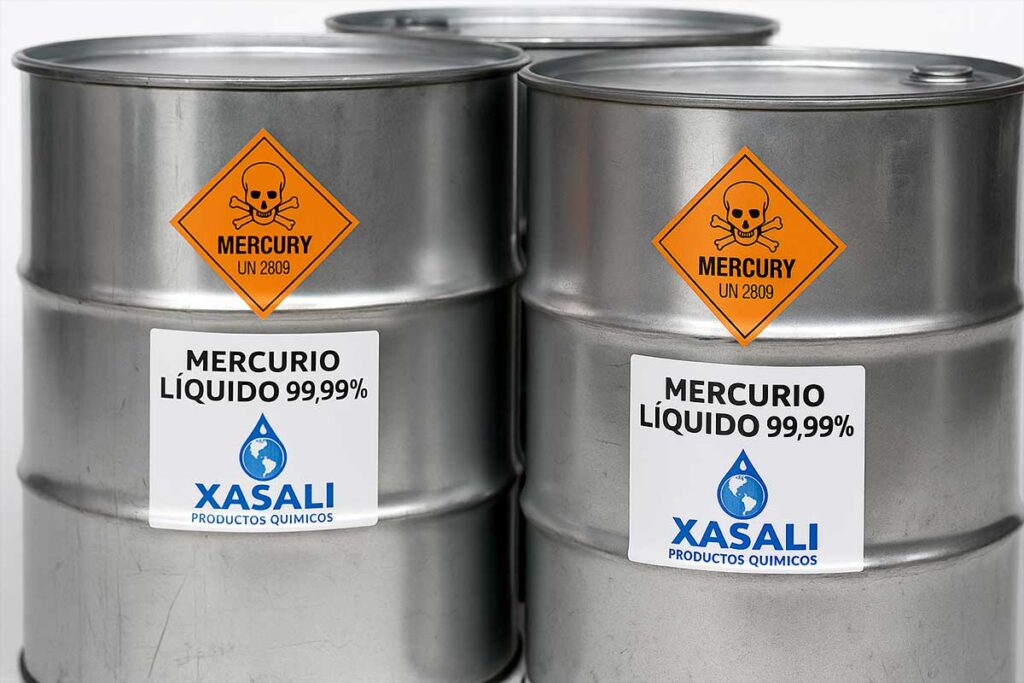 Tambor industrial con mercurio metálico líquido 99.99% certificado UN 2809.