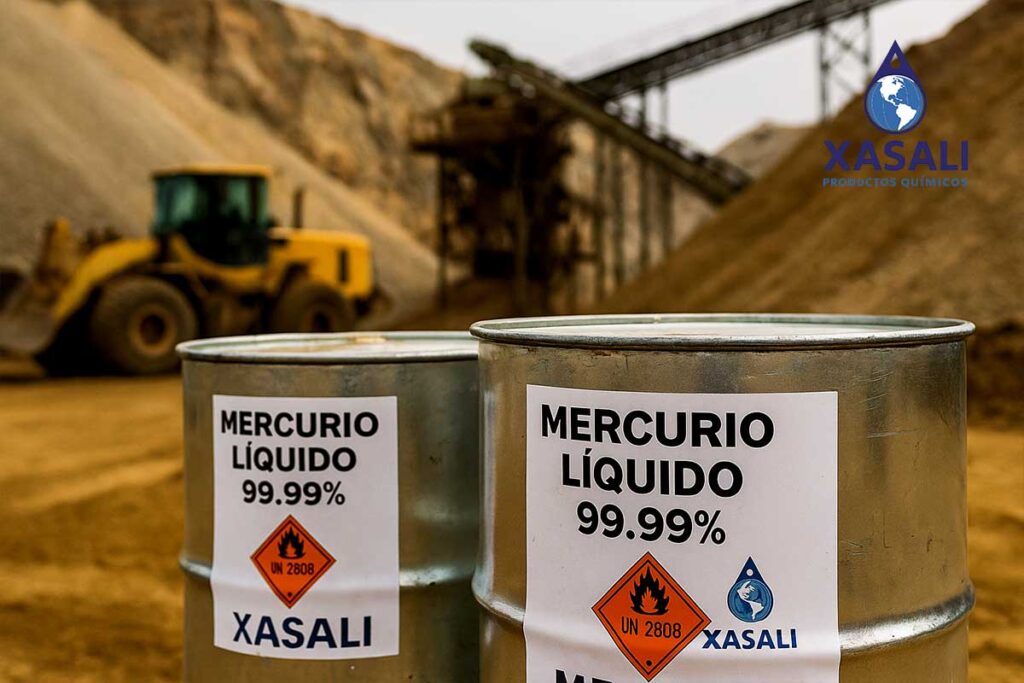 Proceso minero con tambores de mercurio líquido 99.99%.