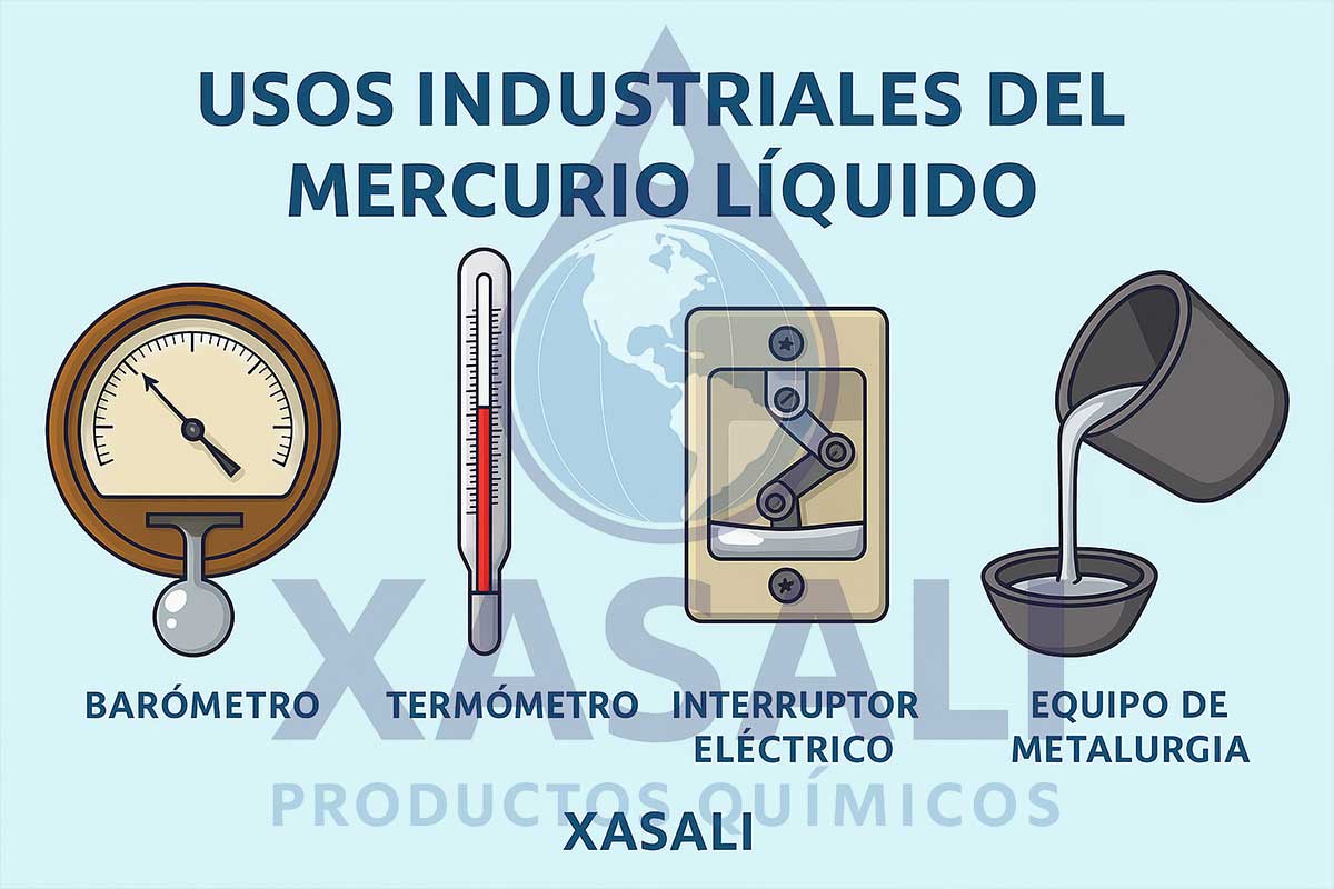Infografía de los usos industriales del mercurio metálico líquido: barómetro, termómetro, interruptor eléctrico y metalurgia, en español.