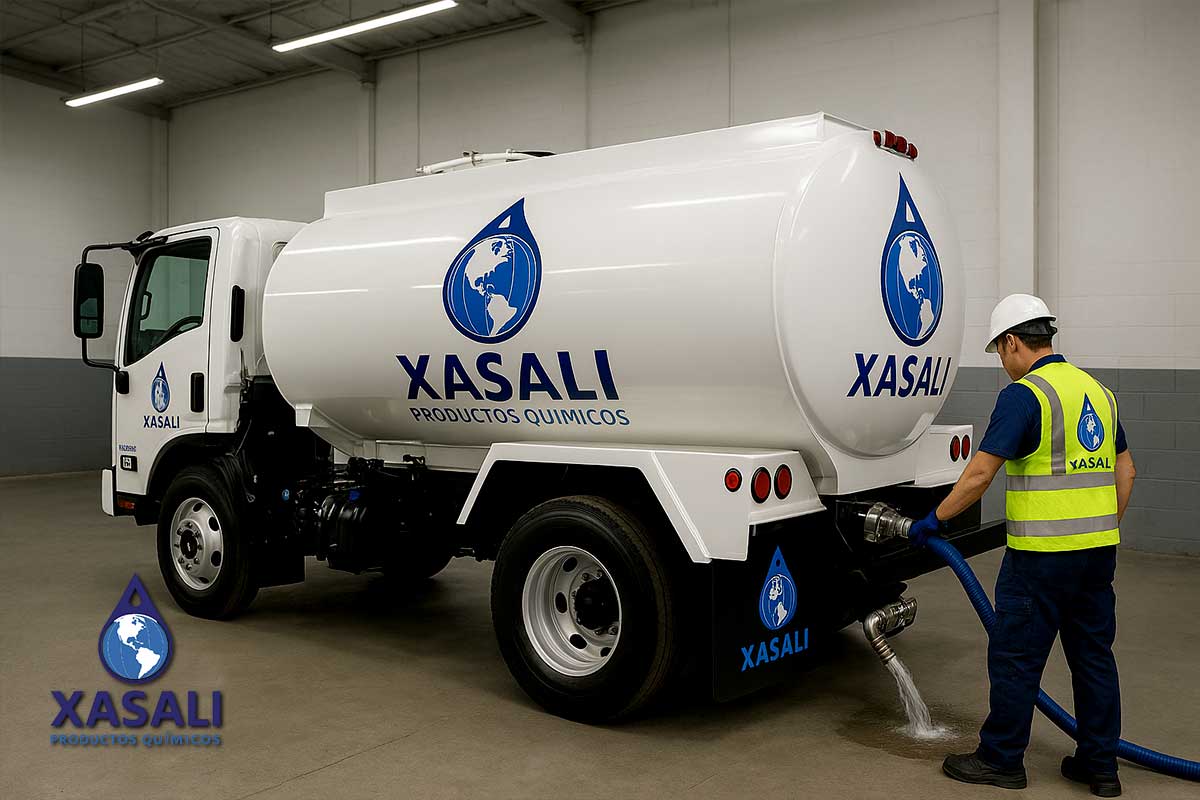 Mantenimiento profesional de pipa Xasali con recubrimiento epóxico en Monterrey Pipa Xasali en taller industrial de Monterrey con logotipo azul, recubrimiento epóxico brillante y mantenimiento profesional.