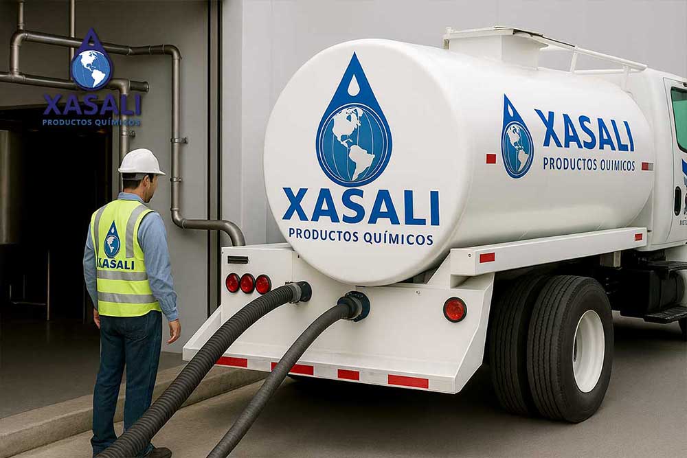 Pipa de Agua en Monterrey | Transporte de Agua Potable Xasali Pipa de acero inoxidable de Productos Químicos Xasali descargando agua potable en planta industrial en Monterrey, con sistema sanitario certificado.