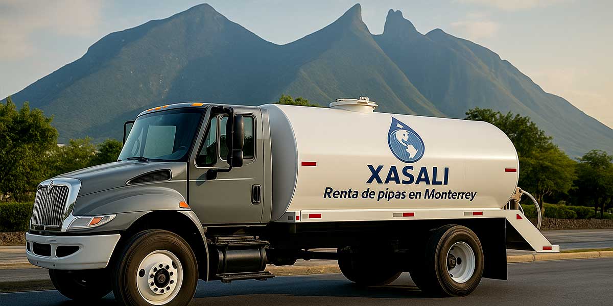 Pipa Xasali en Monterrey | Transporte de Salmuera y Agua Potable Camión cisterna de Productos Químicos Xasali circulando en avenida de Monterrey con el Cerro de la Silla al fondo, representando cobertura regional de transporte de salmuera y agua potable.