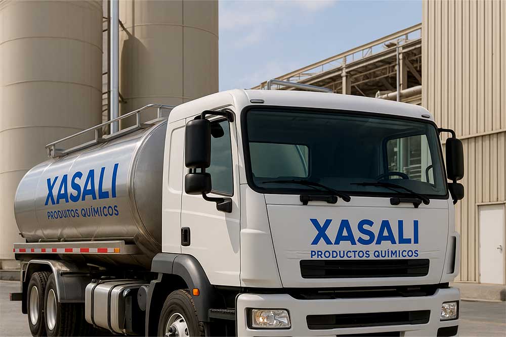 Descarga de Pipa Xasali – Transporte de Agua en Monterrey Pipa Xasali descargando agua potable a través de una manguera sanitaria en planta industrial, cumpliendo normas sanitarias para transporte de agua en Monterrey.