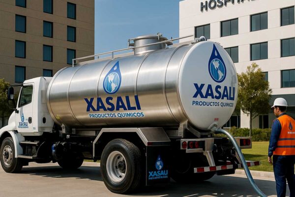 Transporte de agua potable a hospitales y hoteles en Monterrey Pipa Xasali suministrando agua potable a hospital moderno en Monterrey
