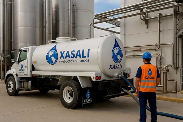 Transporte sanitario de agua grado alimenticio con pipa Xasali Pipa Xasali descargando agua grado alimenticio en planta industrial en Monterrey.