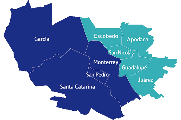 Servicio de transporte de agua en Monterrey y AMM – Cobertura Mapa de Monterrey y Área Metropolitana que muestra la cobertura del servicio de transporte de agua en pipa de Xasali en García, San Pedro, San Nicolás, Guadalupe, Apodaca, Escobedo y Santa Catarina.
